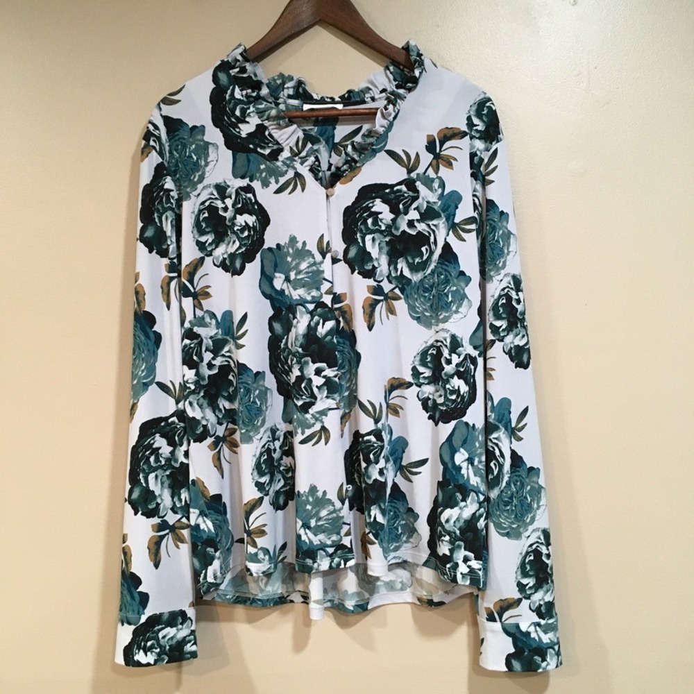 Calvin Klein Dark Floral Button Blouse Women M Gray Green Cottage Whimsigoth